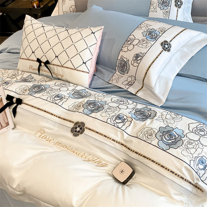 Blue White Rose Luxury Flowers Princess Duvet Cover Set, 100% Egyptian Cotton Bedding Set