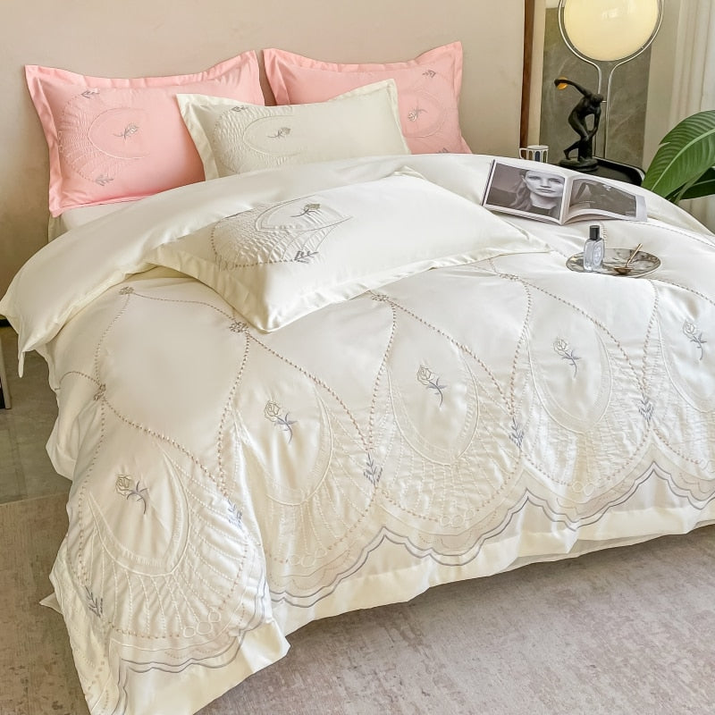 White Rose Baroque Flowers Embroidered Wedding Duvet Cover, Cotton Bedding Set