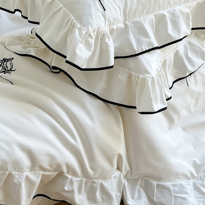 Black White Vintage Rose Cozy Lace Ruffles Duvet Cover, Egyptian Cotton 1000TC Bedding Set