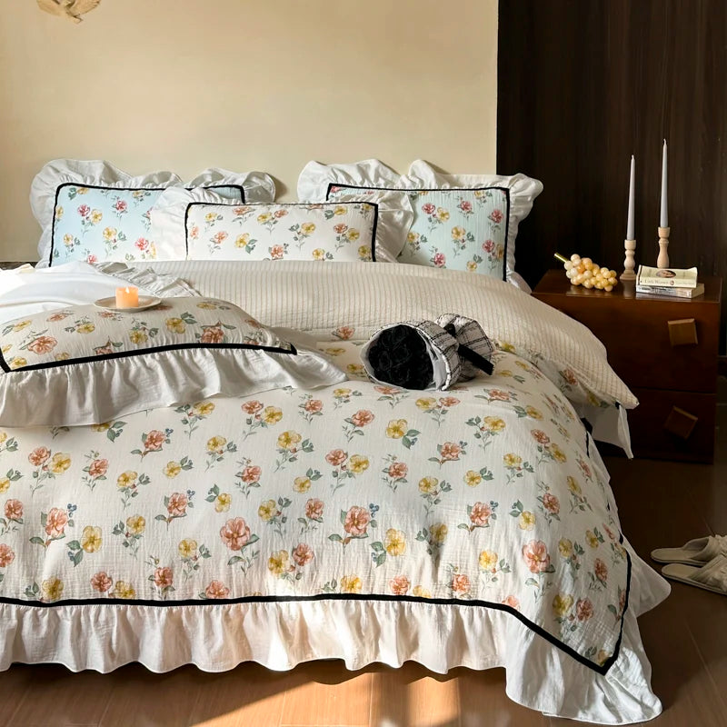 French Vintage Flowers European 100% Cotton Duvet Cover Bedding Set