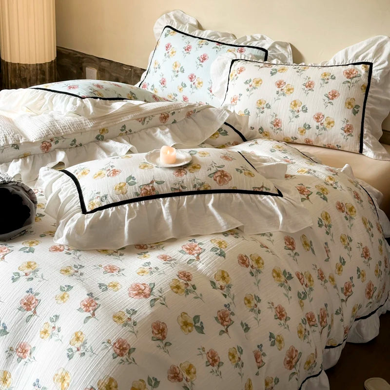 French Vintage Flowers European 100% Cotton Duvet Cover Bedding Set