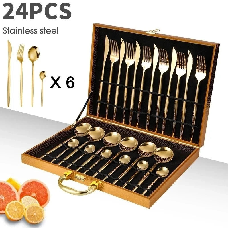 Golden Silver Stainless Knife Fork Spoon 24PCS Cutlery Set Tableware Dinnerware