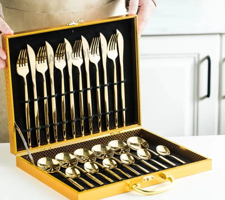 Golden Silver Stainless Knife Fork Spoon 24PCS Cutlery Set Tableware Dinnerware