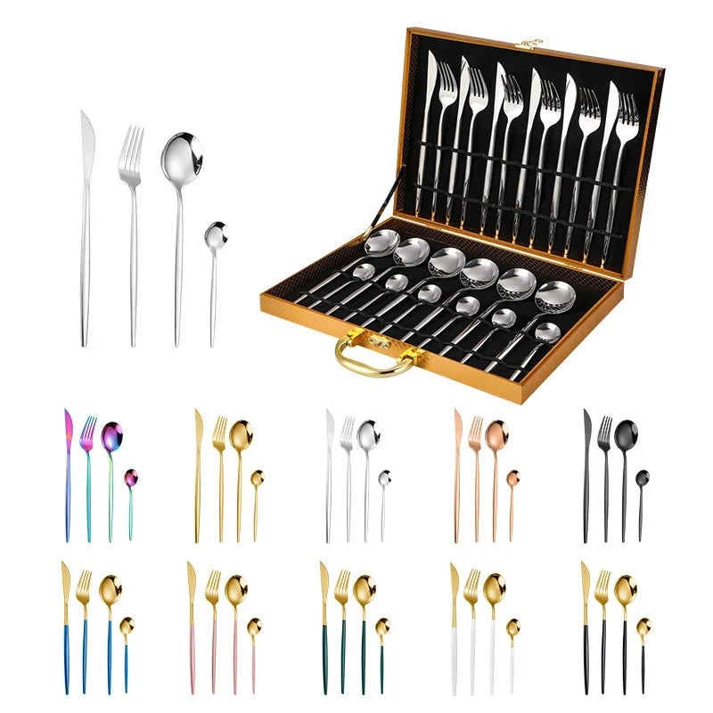 Golden Silver Stainless Knife Fork Spoon 24PCS Cutlery Set Tableware Dinnerware