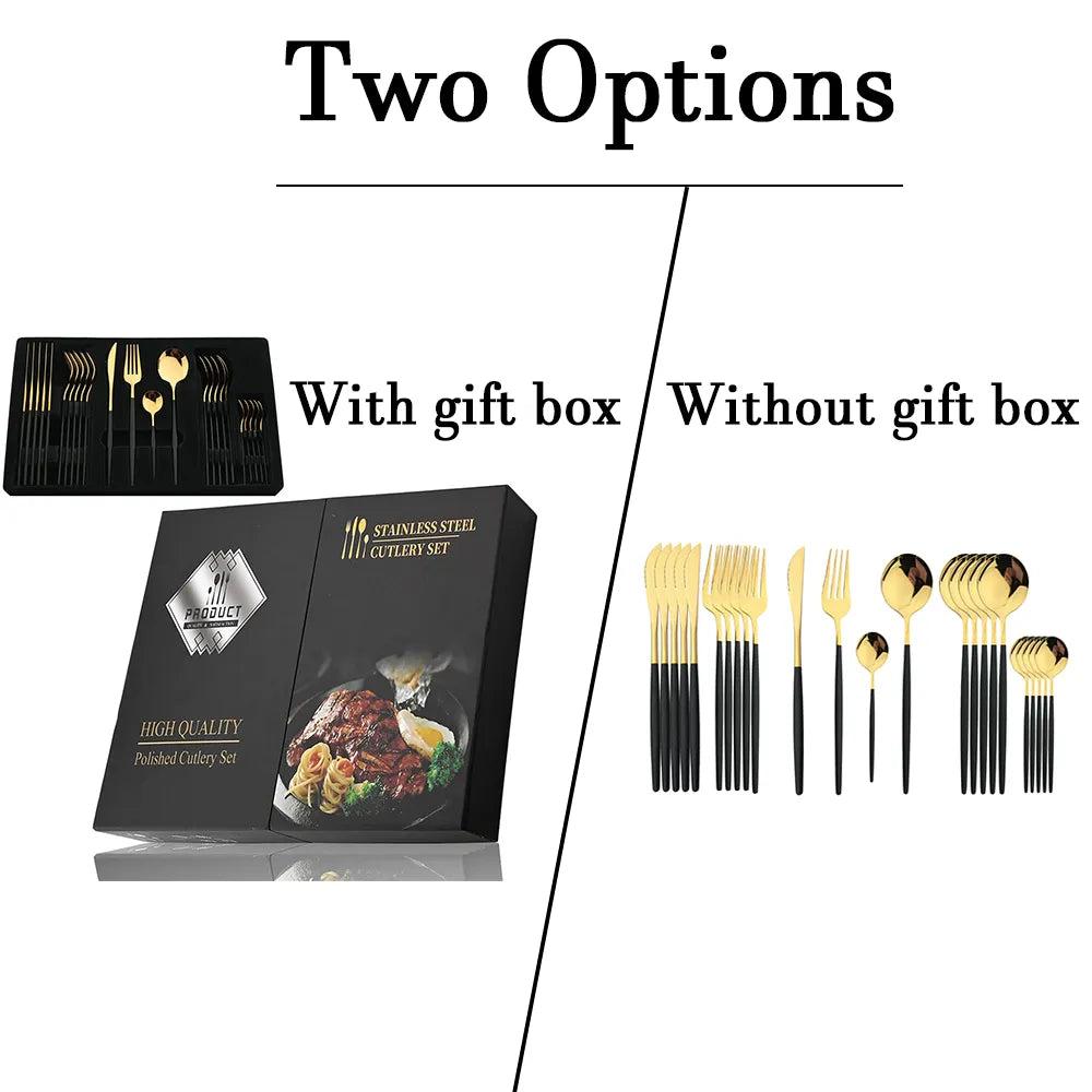Black Handle Golden Stainless Steel 24Pcs Cutlery Set Kitchen Dinnerware Gift