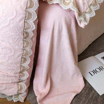 Premium Pink Green 3D Carved Velvet Winter Lace Edge Wedding Duvet Cover, Fleece Fabric Bedding Set
