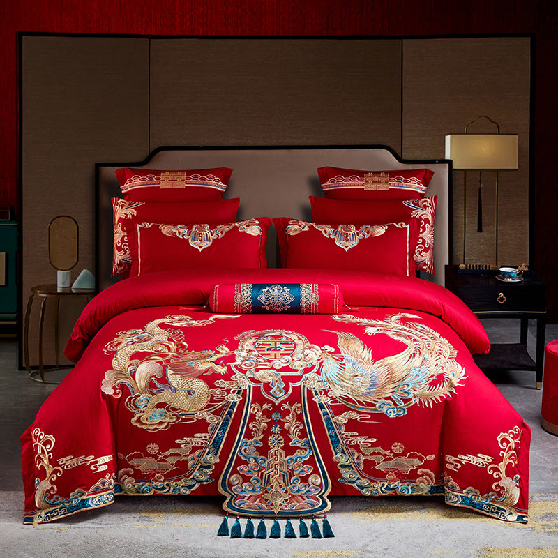 Red Gold Cloud Dragon Phoenix Wealth Wedding Tassel Duvet Cover Set, 1200TC Egyptian Cotton Bedding Set