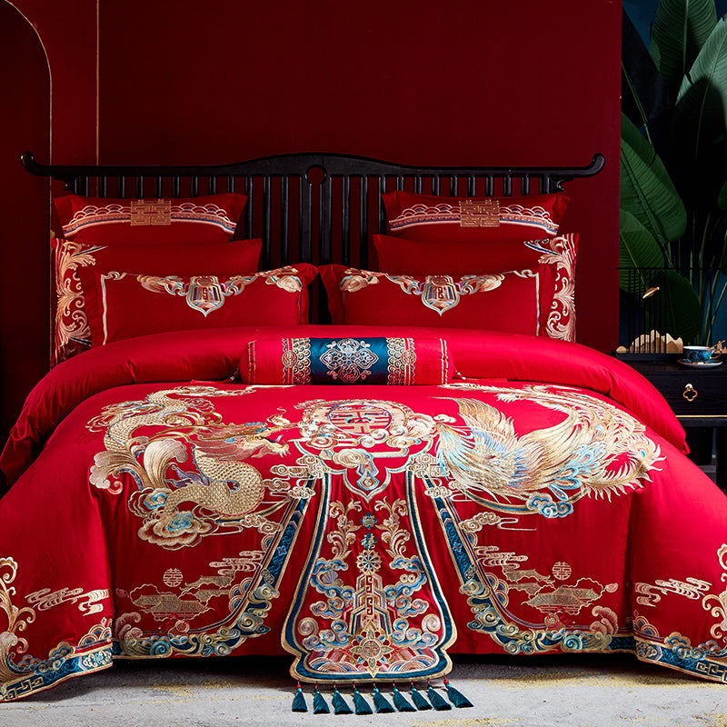 Red Gold Cloud Dragon Phoenix Wealth Wedding Tassel Duvet Cover Set, 1200TC Egyptian Cotton Bedding Set