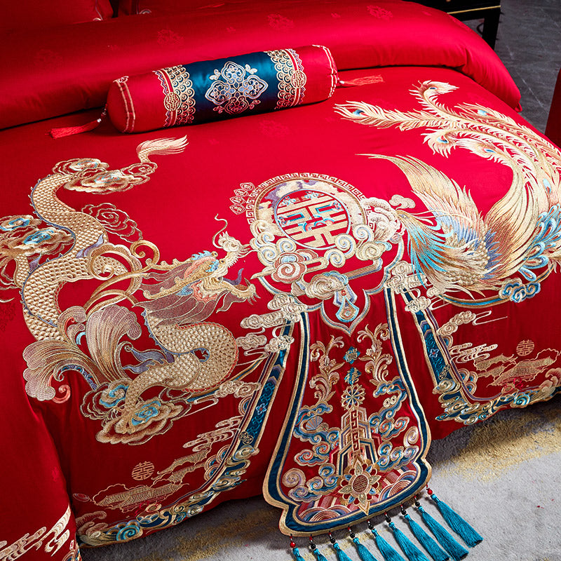 Red Gold Cloud Dragon Phoenix Wealth Wedding Tassel Duvet Cover Set, 1200TC Egyptian Cotton Bedding Set