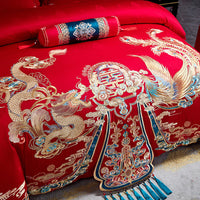 Thumbnail for Red Gold Cloud Dragon Phoenix Wealth Wedding Tassel Duvet Cover Set, 1200TC Egyptian Cotton Bedding Set