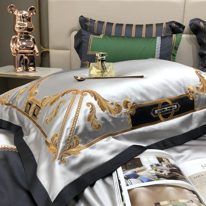 Green Black European Luxury Embroidery Satin Jacquard Silky Duvet Cover, Egyptian Cotton 1000TC Bedding Set