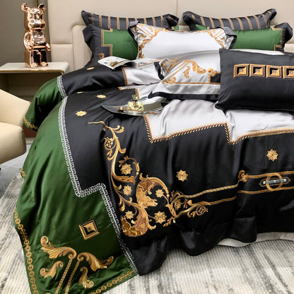 Green Black European Luxury Embroidery Satin Jacquard Silky Duvet Cover, Egyptian Cotton 1000TC Bedding Set