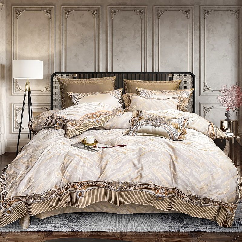 Luxury Gold Champagne Europe Palace Duvet Cover, Satin Jacquard Egyptian Cotton 1000TC Bedding Set