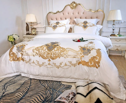 White Golden Premium Europe American Style Duvet Cover Set, Egyptian Cotton Bedding Set