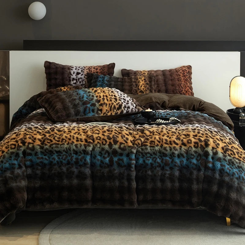Beauty Leopard Print Pattern Thickened Faux Fur Velvet Fleece Plush Duvet Cover Bedding Set