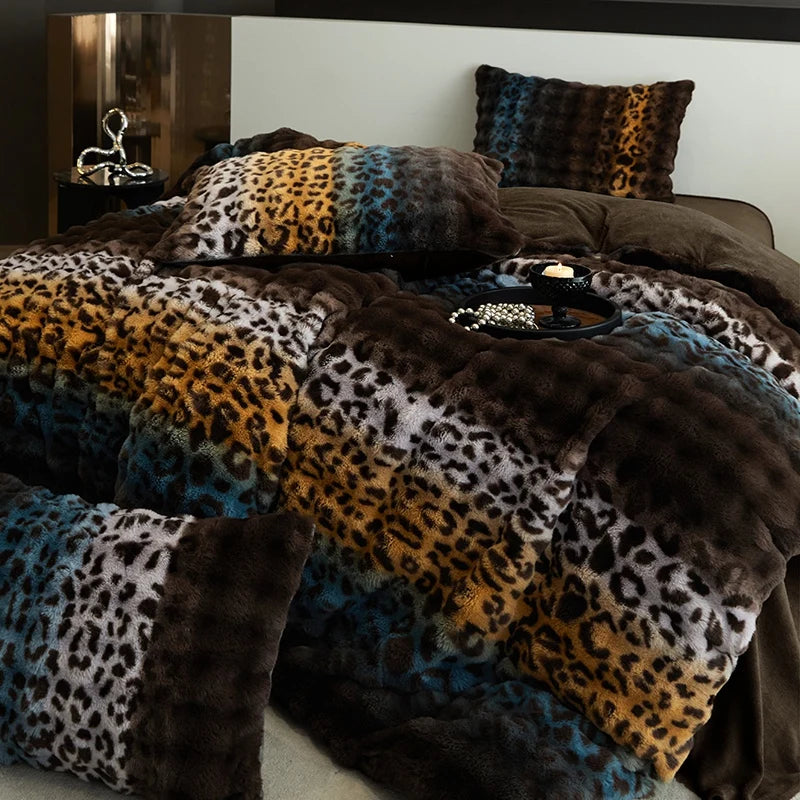 Beauty Leopard Print Pattern Thickened Faux Fur Velvet Fleece Plush Duvet Cover Bedding Set