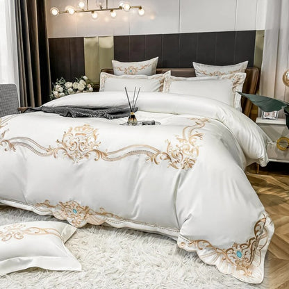White Gold Red Luxury Baroque Europe Embroidery Duvet Cover Set, 600TC Cotton Bedding Set