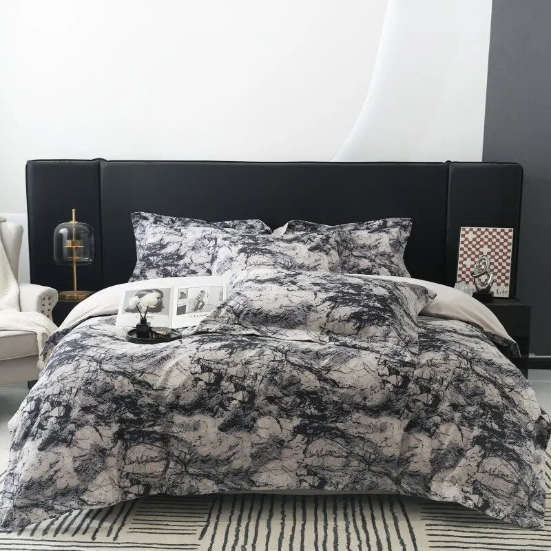 Premium Grey White Marble Pattern Duvet Cover Set, 600TC Brushed Cotton Bedding Set