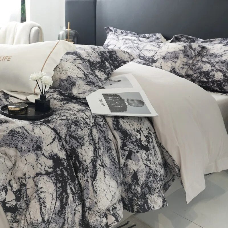 Premium Grey White Marble Pattern Duvet Cover Set, 600TC Brushed Cotton Bedding Set