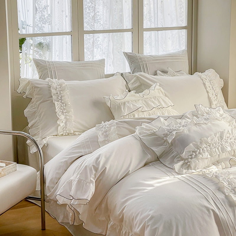 White Korean Princess Ruffles Duvet Cover Set, 600TC Washed Cotton Bedding Set