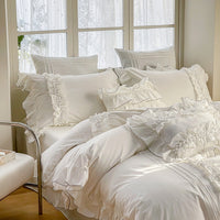 Thumbnail for White Korean Princess Ruffles Duvet Cover Set, 600TC Washed Cotton Bedding Set