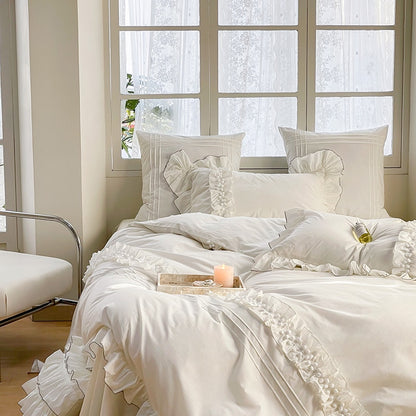 White Korean Princess Ruffles Duvet Cover Set, 600TC Washed Cotton Bedding Set