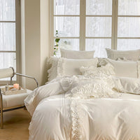 Thumbnail for White Korean Princess Ruffles Duvet Cover Set, 600TC Washed Cotton Bedding Set