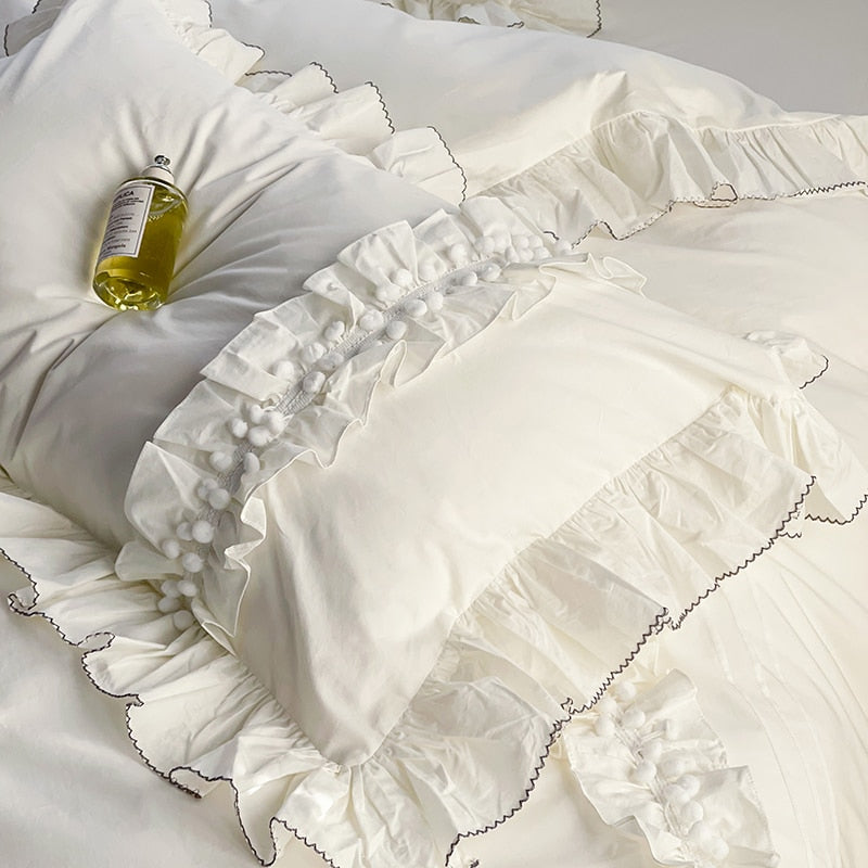White Korean Princess Ruffles Duvet Cover Set, 600TC Washed Cotton Bedding Set