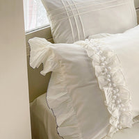 Thumbnail for White Korean Princess Ruffles Duvet Cover Set, 600TC Washed Cotton Bedding Set