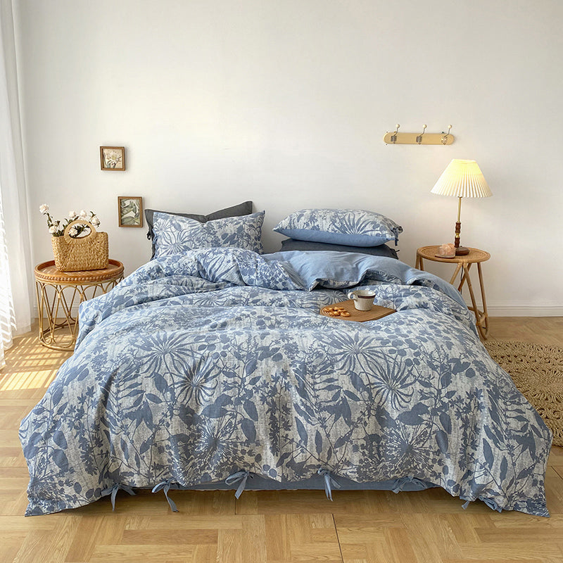 Blue Grey Jacquard Leaf Vintage Flower Bush Duvet Cover Set, Washed Cotton Bedding Set