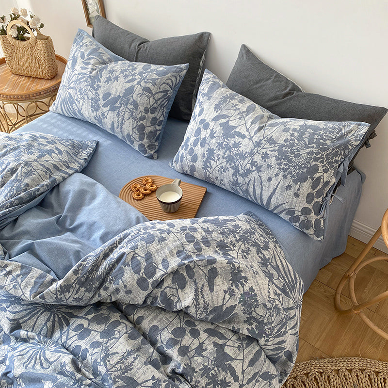 Blue Grey Jacquard Leaf Vintage Flower Bush Duvet Cover Set, Washed Cotton Bedding Set