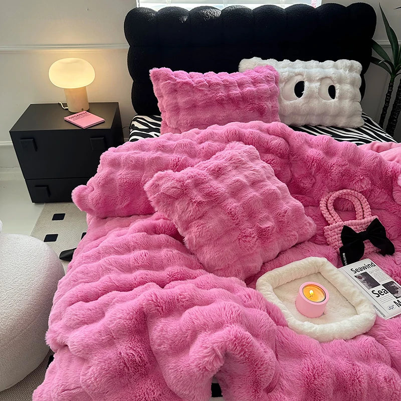 Pink White Brown Faux Fur Warm Velvet Fleece Duvet Cover Bedding Set