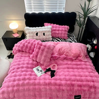 Thumbnail for Pink White Brown Faux Fur Warm Velvet Fleece Duvet Cover Bedding Set