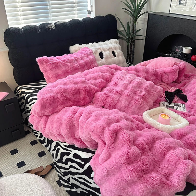 Pink White Brown Faux Fur Warm Velvet Fleece Duvet Cover Bedding Set