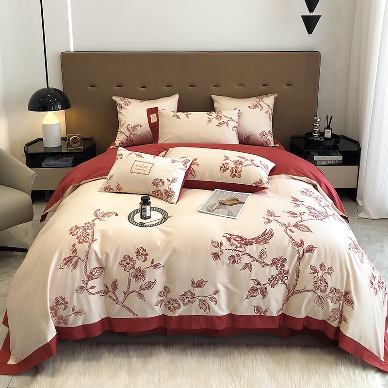 Burgundy American Pastoral Flowers Bird Embroidered Duvet Cover Set, 1000TC Egyptian Cotton Bedding Set