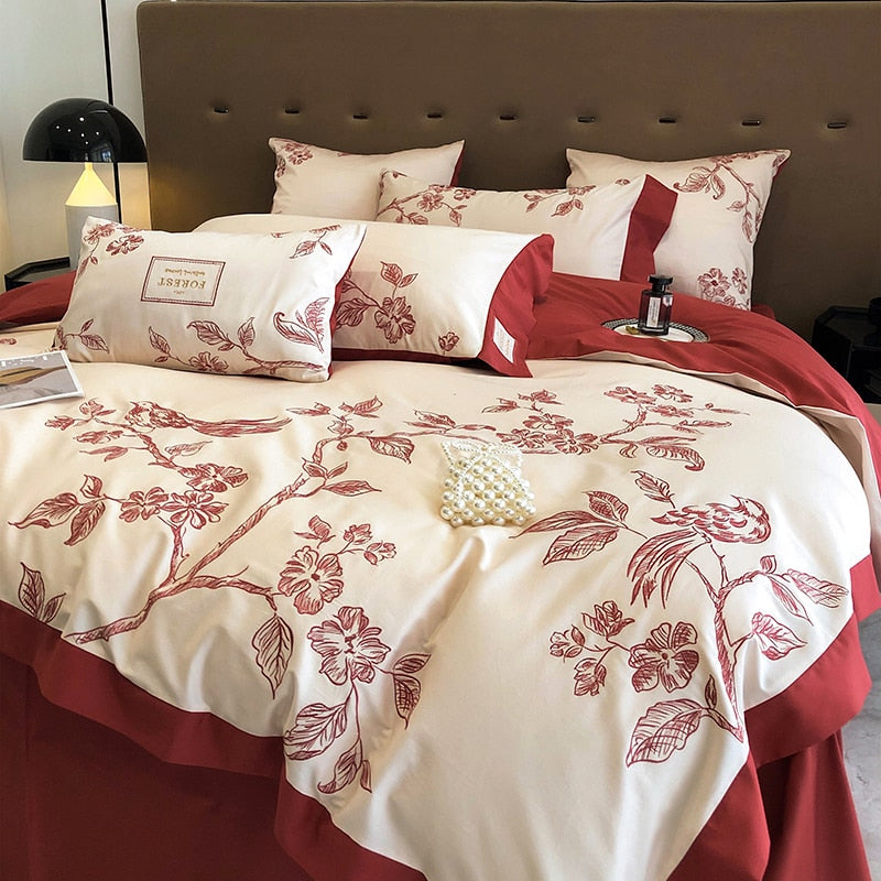 Burgundy American Pastoral Flowers Bird Embroidered Duvet Cover Set, 1000TC Egyptian Cotton Bedding Set