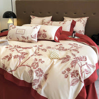 Thumbnail for Burgundy American Pastoral Flowers Bird Embroidered Duvet Cover Set, 1000TC Egyptian Cotton Bedding Set