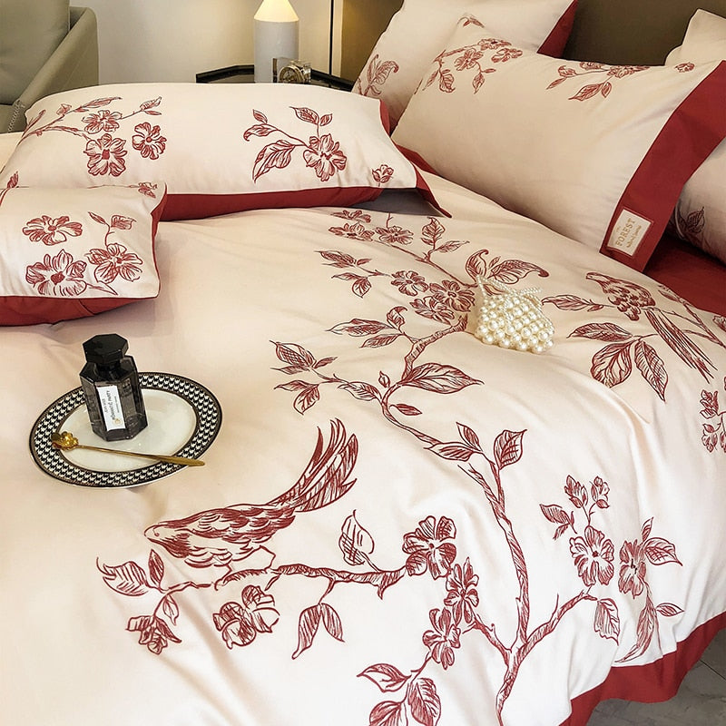 Burgundy American Pastoral Flowers Bird Embroidered Duvet Cover Set, 1000TC Egyptian Cotton Bedding Set