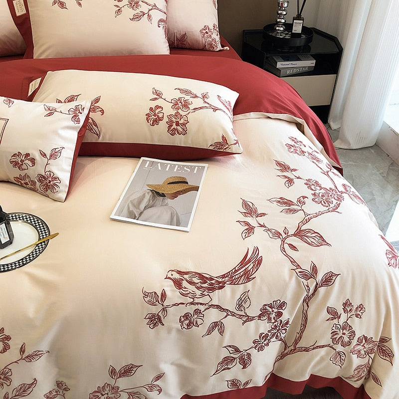 Burgundy American Pastoral Flowers Bird Embroidered Duvet Cover Set, 1000TC Egyptian Cotton Bedding Set