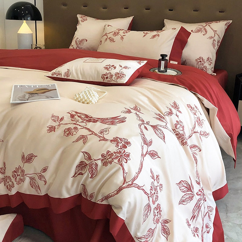 Burgundy American Pastoral Flowers Bird Embroidered Duvet Cover Set, 1000TC Egyptian Cotton Bedding Set