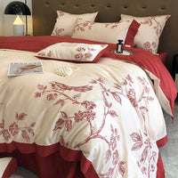 Thumbnail for Burgundy American Pastoral Flowers Bird Embroidered Duvet Cover Set, 1000TC Egyptian Cotton Bedding Set