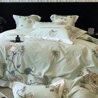 Thumbnail for Green American Pastoral Flowers Embroidered Winter Duvet Cover Set, 600TC Egyptian Cotton Bedding Set