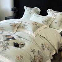 Thumbnail for Green American Pastoral Flowers Embroidered Winter Duvet Cover Set, 600TC Egyptian Cotton Bedding Set