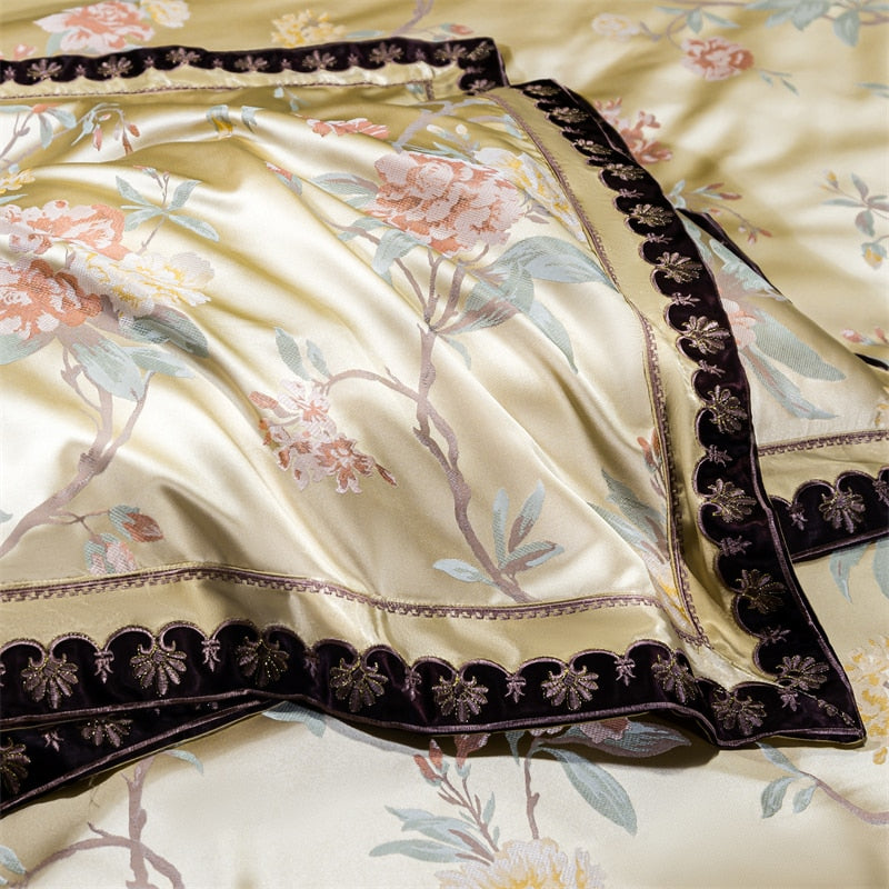 Vintage Rose American European Silk Embroidered Duvet Cover Set, 800TC Egyptian Cotton Bedding Set