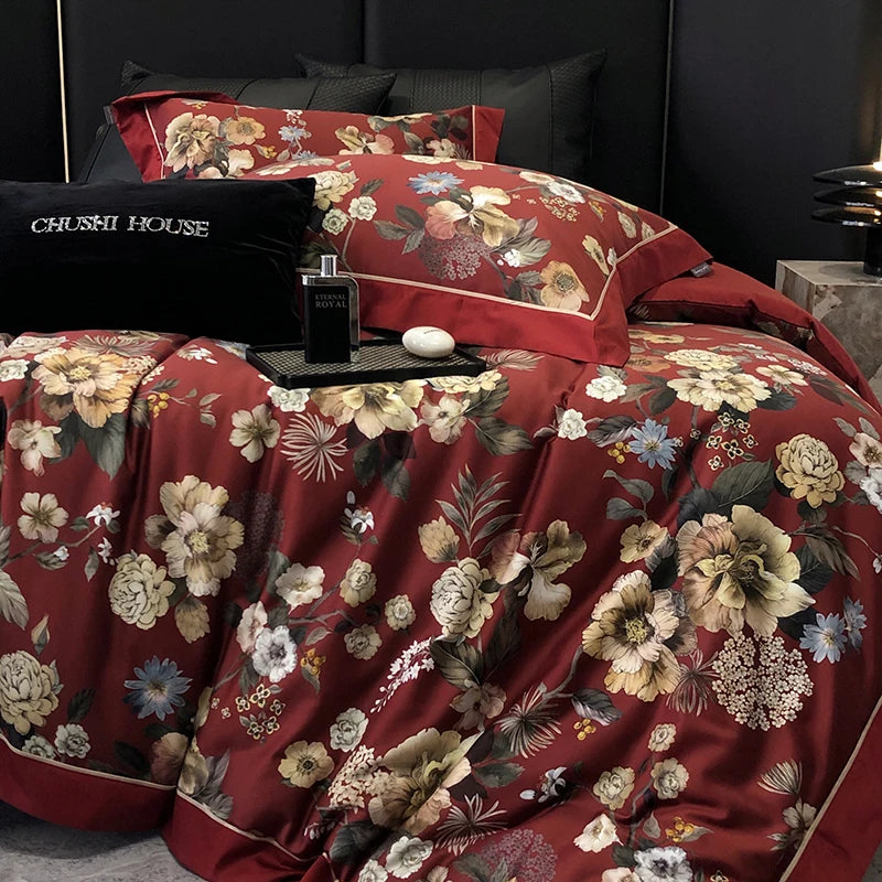 American Vintage Red Flowers Egyptian Cotton Digital Printing Soft Silky Bedding Set