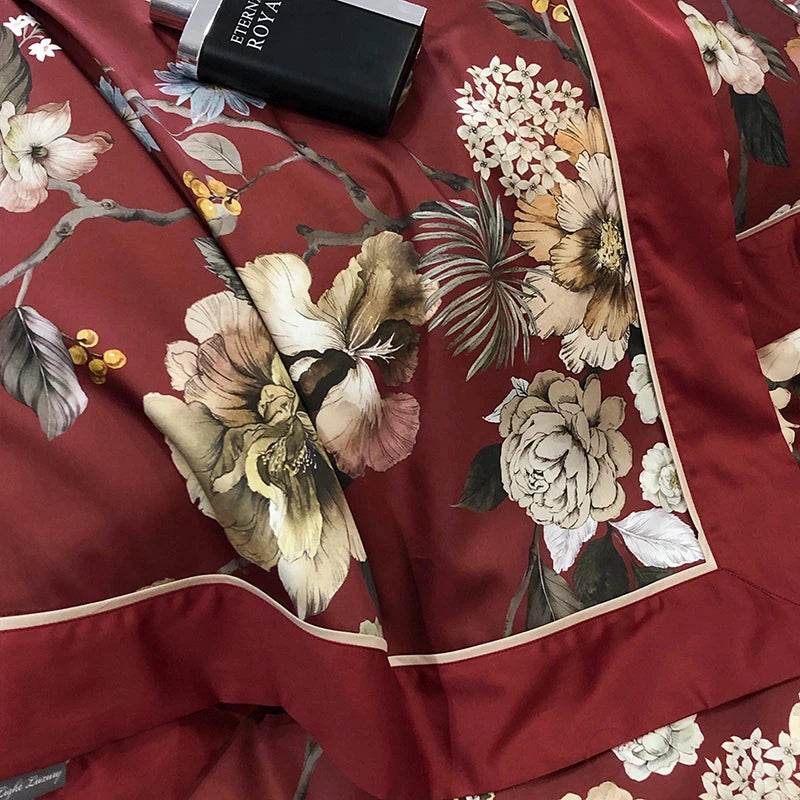 American Vintage Red Flowers Egyptian Cotton Digital Printing Soft Silky Bedding Set