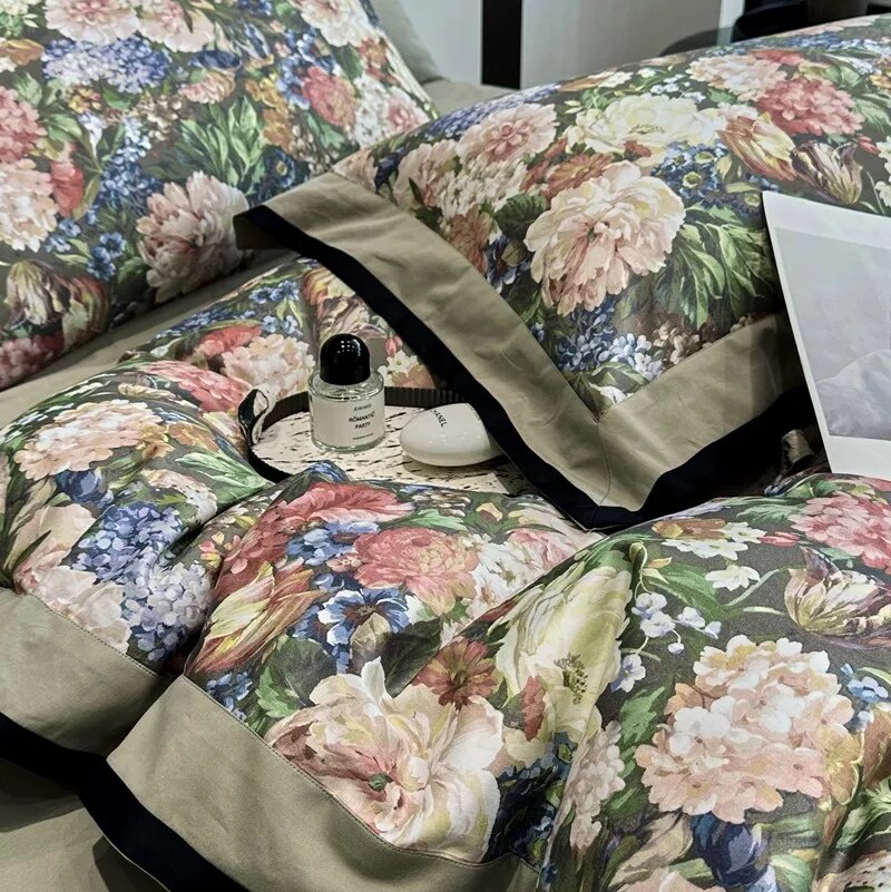 American Blooming Floral Vintage Pastoral Duvet Cover Set, 1200TC Brushed Cotton Bedding Set