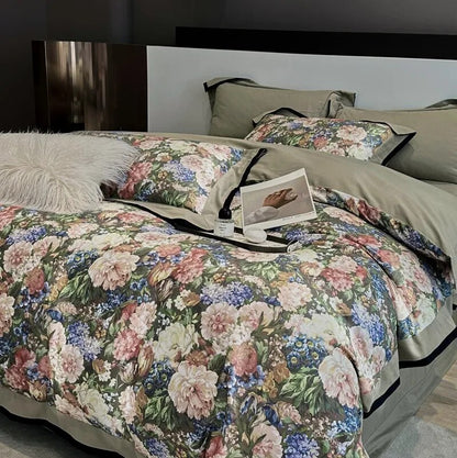 American Blooming Floral Vintage Pastoral Duvet Cover Set, 1200TC Brushed Cotton Bedding Set