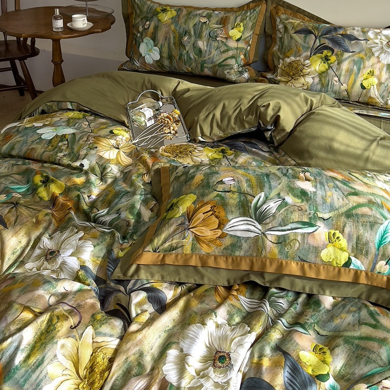 Luxury American Vintage Flower Print Duvet Cover Set, Egyptian Cotton 1000TC Bedding Set