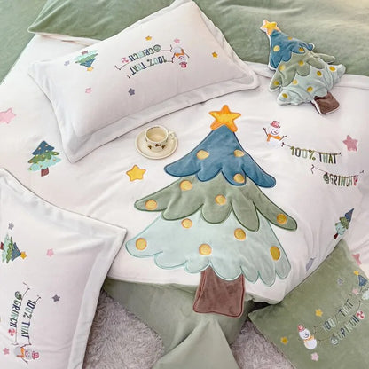 White Star Christmas Tree Embroidered Lucky Child Kids Duvet Cover Set, Velvet Soft Bedding Set
